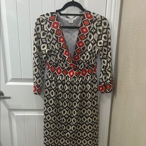 Elegant Brown and Red Patterned Dress